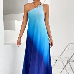 Blue Casual Womens Ombre One Shoulder Maxi Dress